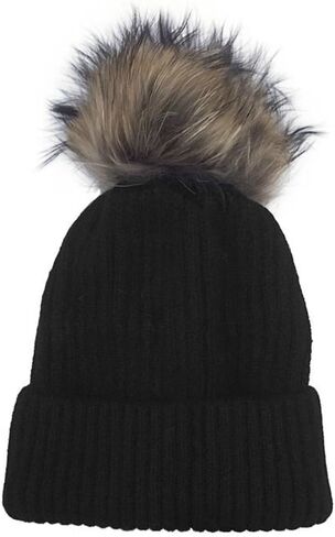 Linda Richards Luxury Ribbed Knit Genuine Fur Pom Pom Hat - (Black) in Saudi Arabia