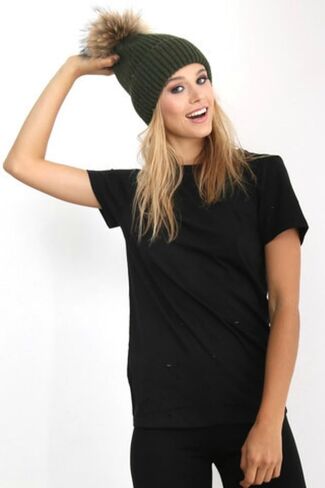 Linda Richards Luxury Ribbed Knit Genuine Fur Pom Pom Hat - (Black) in Saudi Arabia