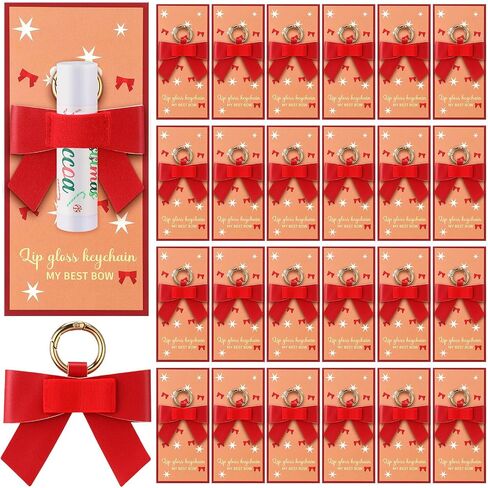 Cunno 24 Set Christmas Red Bow Gift Bulk Lipstick Holder Keychains with Gift Cards Leather Bow Elastic Lip Gloss Holder Keychains in Saudi Arabia