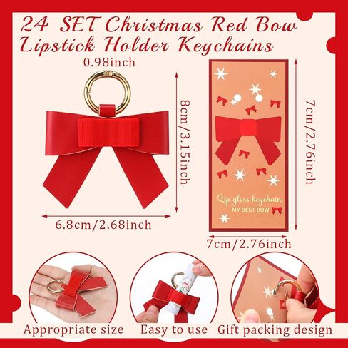 Cunno 24 Set Christmas Red Bow Gift Bulk Lipstick Holder Keychains with Gift Cards Leather Bow Elastic Lip Gloss Holder Keychains in Saudi Arabia