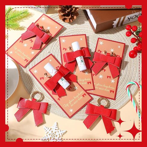 Cunno 24 Set Christmas Red Bow Gift Bulk Lipstick Holder Keychains with Gift Cards Leather Bow Elastic Lip Gloss Holder Keychains in Saudi Arabia