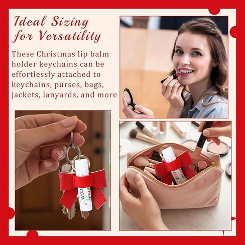 Cunno 24 Set Christmas Red Bow Gift Bulk Lipstick Holder Keychains with Gift Cards Leather Bow Elastic Lip Gloss Holder Keychains in Saudi Arabia