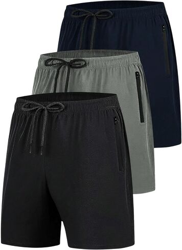 Oyoangle Men's 3 Pack Pack Shorts مرنة الخصر القصيرة الرياضية الرياضية مع جيب السوستة in Saudi Arabia
