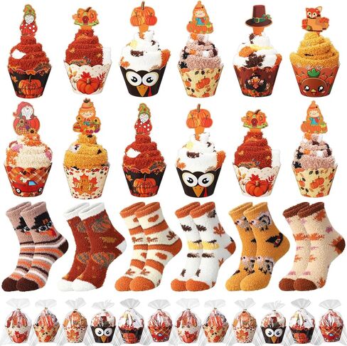 Jecery 24 Pairs Halloween Cupcake Socks Bulk Fuzzy Novelty Pumpkin Ghost Stocking Horror Cupcake Toppers Gifts for Men Women in Saudi Arabia