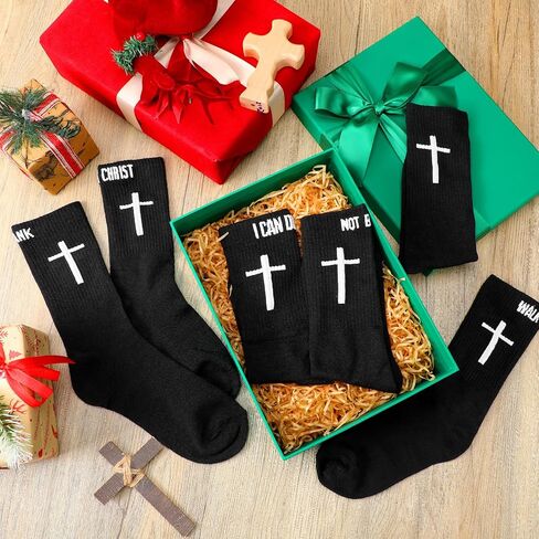 6 Pairs Christian Cross Socks Inspirational Religious Crew Socks with Bible Verse for Men Women Catholic Saint God in Saudi Arabia
