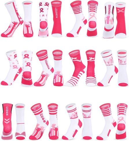 Suhine 24 Pairs Teens Pink Ribbon Breast Cancer Awareness Socks Sport Sock Bulk Pack Pink Crew Socks for Youth, 12 Styles, 5.91 x 6.69 Inch in Saudi Arabia