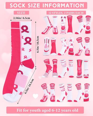 Suhine 24 Pairs Teens Pink Ribbon Breast Cancer Awareness Socks Sport Sock Bulk Pack Pink Crew Socks for Youth, 12 Styles, 5.91 x 6.69 Inch in Saudi Arabia