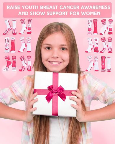 Suhine 24 Pairs Teens Pink Ribbon Breast Cancer Awareness Socks Sport Sock Bulk Pack Pink Crew Socks for Youth, 12 Styles, 5.91 x 6.69 Inch in Saudi Arabia