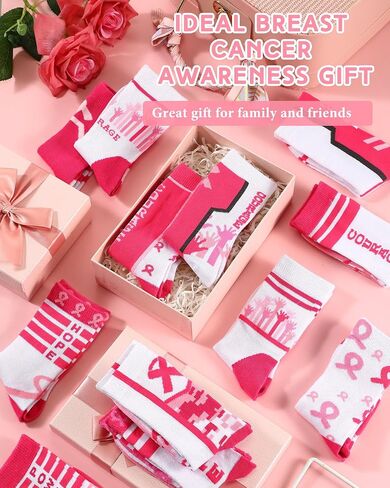 Suhine 24 Pairs Teens Pink Ribbon Breast Cancer Awareness Socks Sport Sock Bulk Pack Pink Crew Socks for Youth, 12 Styles, 5.91 x 6.69 Inch in Saudi Arabia