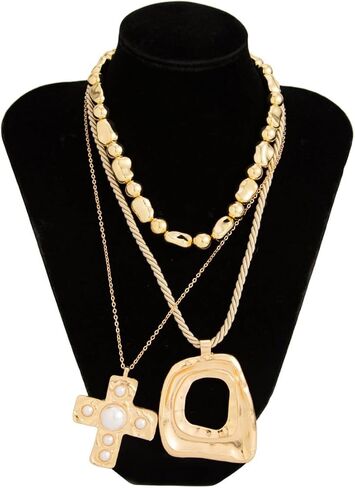 Layered Gold Chunky Cross Necklace For Women Stacked Gold Irregular Geometric Square Pendant Necklace Unique Punk Hip-Hop Oval Hollowed-Out Chain Necklace Fashion Accessories Creative Jewelry For Women in Kuwait