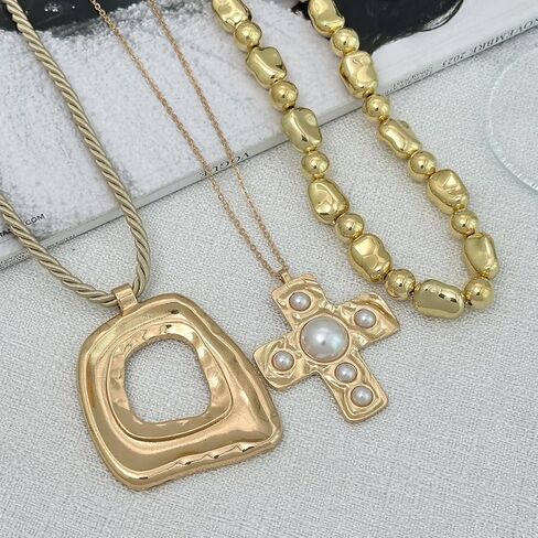 Layered Gold Chunky Cross Necklace For Women Stacked Gold Irregular Geometric Square Pendant Necklace Unique Punk Hip-Hop Oval Hollowed-Out Chain Necklace Fashion Accessories Creative Jewelry For Women in Kuwait