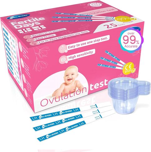 25 Count Ovulation Test Strips with Cups, Bulk Ovulation Test Strips for Women, Ovulation Predictor Kit, Accurate Fertility Tests for Home, Individually Wrapped 5mm LH in Kuwait