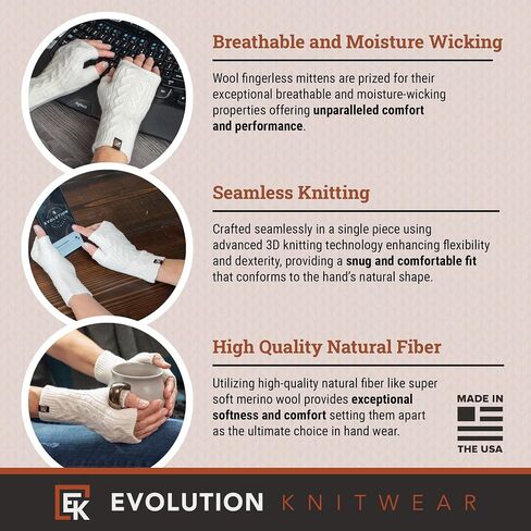 Evolution Knitwear Wool Cable Knit Fingerless Mittens - Made in the USA - Super Soft Merino Wool - Small in Kuwait