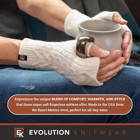 Evolution Knitwear Wool Cable Knit Fingerless Mittens - Made in the USA - Super Soft Merino Wool - Small in Kuwait
