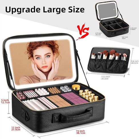 Upgraded Large Travel Makeup Bag with LED Mirror, 15" Professional Makeup Case with 3 Color Modes Dimming Lighted Mirror, Light up Cosmetic Make up Organizer with PU Leather Cover, Adjustable Dividers in Saudi Arabia