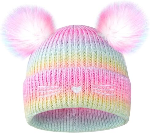 Girls Rainbow Pompom Beanies Hats, Embroidered Cat Knit Beanie Hat for Kids Snow Ski Skull Cap Age 3-14 in Kuwait