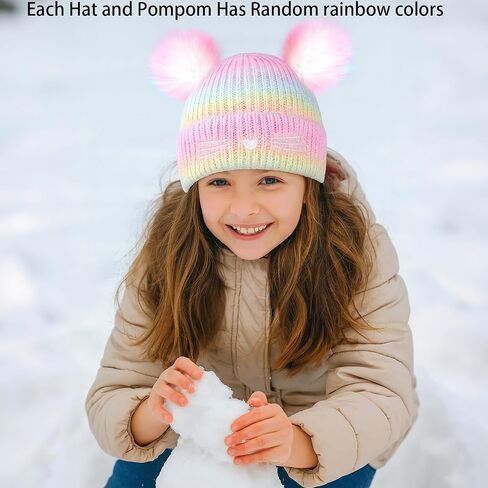 Girls Rainbow Pompom Beanies Hats, Embroidered Cat Knit Beanie Hat for Kids Snow Ski Skull Cap Age 3-14 in Kuwait