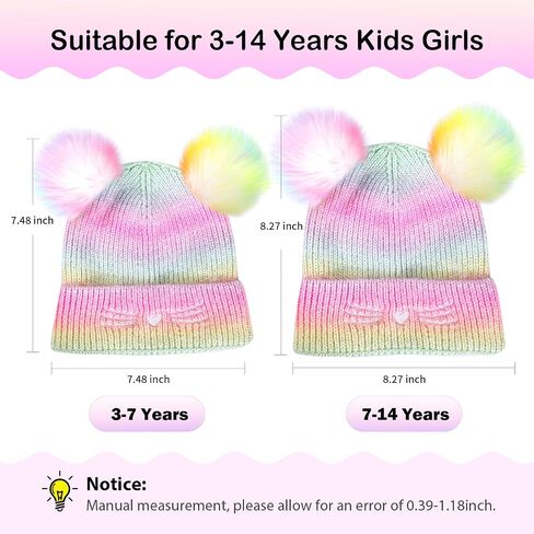 Girls Rainbow Pompom Beanies Hats, Embroidered Cat Knit Beanie Hat for Kids Snow Ski Skull Cap Age 3-14 in Kuwait