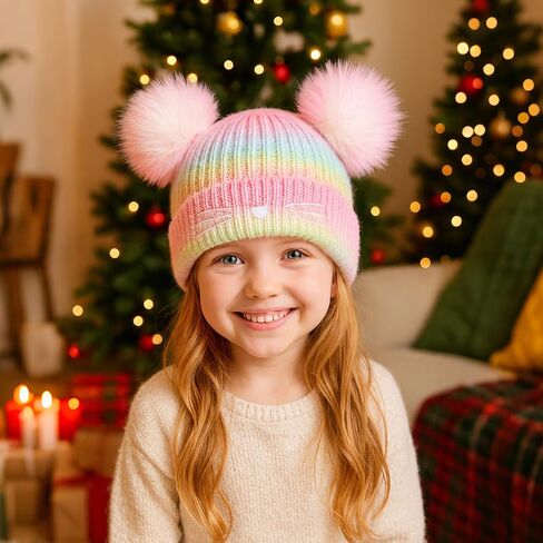 Girls Rainbow Pompom Beanies Hats, Embroidered Cat Knit Beanie Hat for Kids Snow Ski Skull Cap Age 3-14 in Kuwait