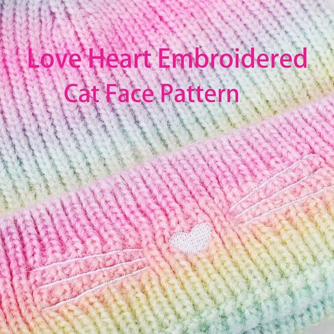 Girls Rainbow Pompom Beanies Hats, Embroidered Cat Knit Beanie Hat for Kids Snow Ski Skull Cap Age 3-14 in Kuwait