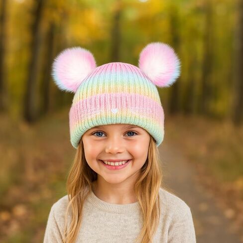 Girls Rainbow Pompom Beanies Hats, Embroidered Cat Knit Beanie Hat for Kids Snow Ski Skull Cap Age 3-14 in Kuwait