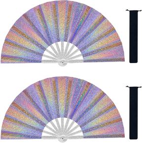 2 Pack Large Folding Hand Fan, 25.2Inch Bamboo Handheld Foldable Clack Fan for Festival, Dance, Performance, Party, Gift, Decoration (Laser Pink and Silver) in Saudi Arabia