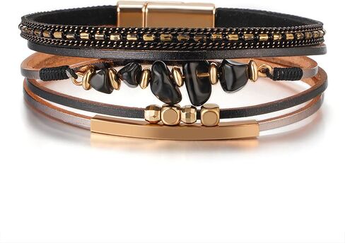 Leather Wrap Bracelets for Women, Boho Multi-Layer Cuff Bangle Western Jewelry Gift(Stone(Black)) in Saudi Arabia