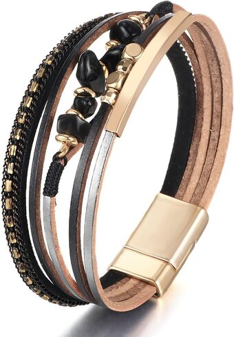 Leather Wrap Bracelets for Women, Boho Multi-Layer Cuff Bangle Western Jewelry Gift(Stone(Black)) in Saudi Arabia