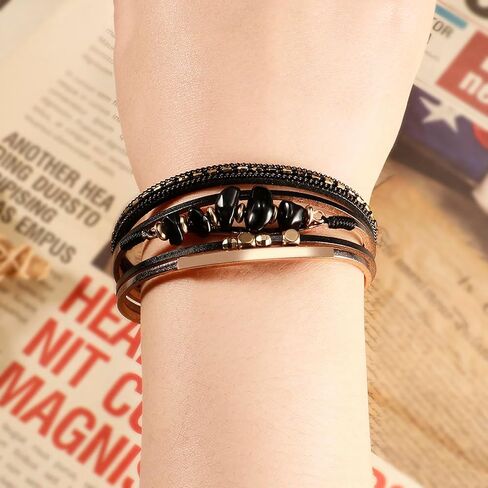 Leather Wrap Bracelets for Women, Boho Multi-Layer Cuff Bangle Western Jewelry Gift(Stone(Black)) in Saudi Arabia