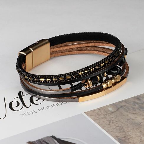 Leather Wrap Bracelets for Women, Boho Multi-Layer Cuff Bangle Western Jewelry Gift(Stone(Black)) in Saudi Arabia