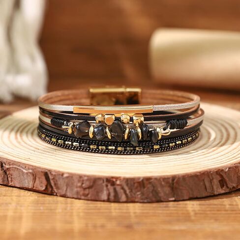 Leather Wrap Bracelets for Women, Boho Multi-Layer Cuff Bangle Western Jewelry Gift(Stone(Black)) in Saudi Arabia