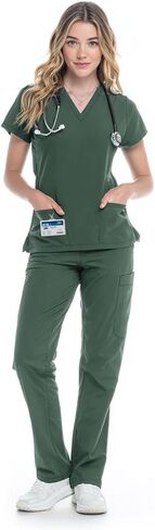 Scrubs Set for Women - V-Neck Top and Cargo Pants Medical Uniform Scrub in Kuwait