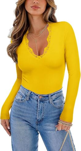 REORIA Women's Lace V Neck Long Sleeve Bodysuits Trendy Going Out Body Suit Tops Fall Outfits 2025 in Saudi Arabia