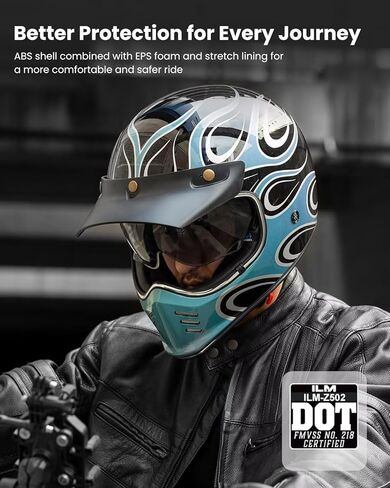 ILM Vintage Full Face Motorcycle Helmets for Adults Men Inner Visor Compatible for Moped ATV Cruiser Scooter DOT Model Z502(Matte Black, L) in Kuwait