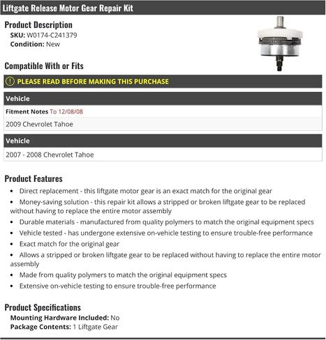مجموعة إصلاح المعدات المحرك المصعد - متوافقة مع 2007-2009 Chevy Tahoe (حتى 12/08/2008) in Kuwait
