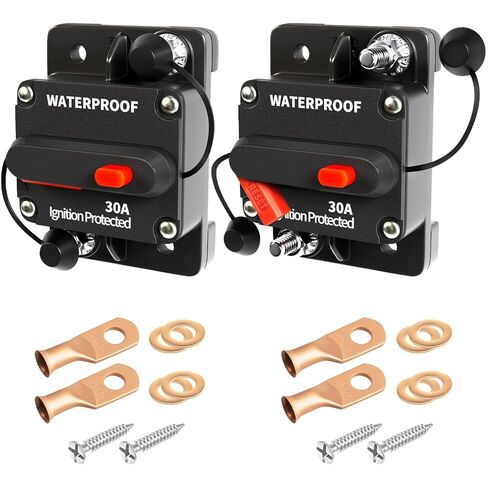 30Amp Circuit Breaker Waterproof Marine Motor Accessory for Boat Trolling ATV Trailer Vehicles Stereo Audio Electronic Battery Solar System Inline Fuse with Manual Reset Switch DC 12V-48V in Kuwait