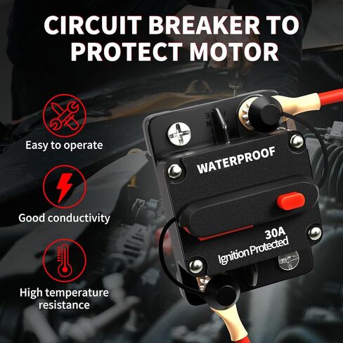 30Amp Circuit Breaker Waterproof Marine Motor Accessory for Boat Trolling ATV Trailer Vehicles Stereo Audio Electronic Battery Solar System Inline Fuse with Manual Reset Switch DC 12V-48V in Kuwait