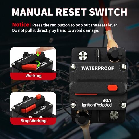 30Amp Circuit Breaker Waterproof Marine Motor Accessory for Boat Trolling ATV Trailer Vehicles Stereo Audio Electronic Battery Solar System Inline Fuse with Manual Reset Switch DC 12V-48V in Kuwait
