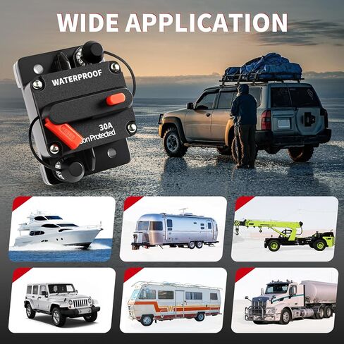 30Amp Circuit Breaker Waterproof Marine Motor Accessory for Boat Trolling ATV Trailer Vehicles Stereo Audio Electronic Battery Solar System Inline Fuse with Manual Reset Switch DC 12V-48V in Kuwait