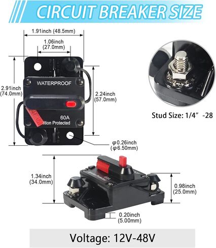 60 Amp Waterproof Circuit Breaker with Manual Reset - for Marine Trolling Motors, Boat, ATV, 12V - 48V DC, Surface Mount in Saudi Arabia