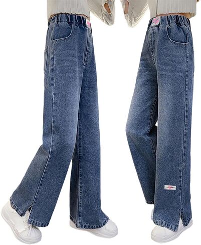 Girls Baggy Jeans, Weaving Mark Denim Pants with 4 Pockets - Casual Tween Girls' Wide-Leg Jeans in Saudi Arabia