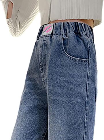 Girls Baggy Jeans, Weaving Mark Denim Pants with 4 Pockets - Casual Tween Girls' Wide-Leg Jeans in Saudi Arabia