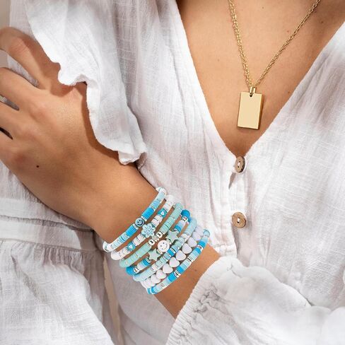 Besydec Jewelry,Heishi Surfer Bracelet Set,Preppy Stuff,Charm Beaded Bracelets,Aesthetic Gifts for Women in Saudi Arabia