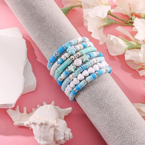 Besydec Jewelry,Heishi Surfer Bracelet Set,Preppy Stuff,Charm Beaded Bracelets,Aesthetic Gifts for Women in Saudi Arabia