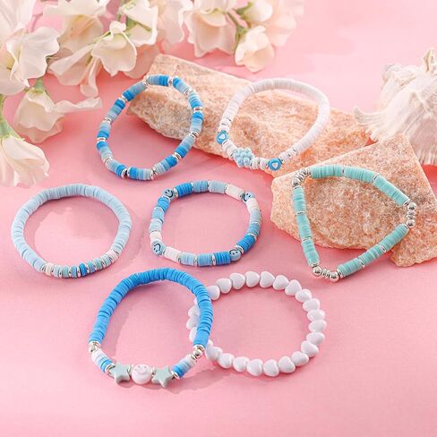 Besydec Jewelry,Heishi Surfer Bracelet Set,Preppy Stuff,Charm Beaded Bracelets,Aesthetic Gifts for Women in Saudi Arabia