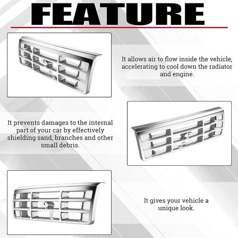 HECASA Front Grille Grill Compatible with 1992-1997 Ford Bronco F-150 F-250 HD F-350 Bumper Grille Replacement for FO1200173 F4TZ8200A Grill Assembly Chrome Silvery in Saudi Arabia