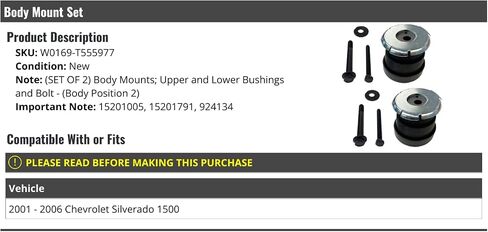 Body Mount Set of 2 - Compatible with 2001-2006 Chevy Silverado 1500 (Position 2) in Saudi Arabia