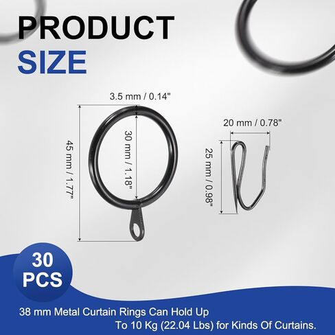 PATIKIL 30 PCS حلقات ستارة الستائر المعدنية ، وقضيب نافذة 30 ملم معلقة رنين الستار الستائر السنانير الدبوس للنافذة الحمام أقواس غرفة معيشة ، أسود in Kuwait