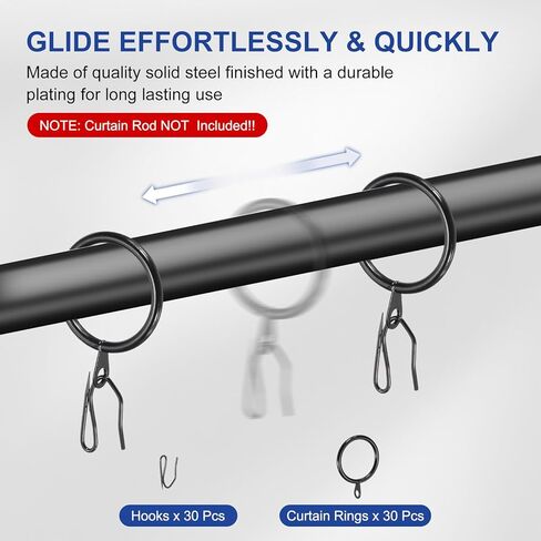PATIKIL 30 PCS حلقات ستارة الستائر المعدنية ، وقضيب نافذة 30 ملم معلقة رنين الستار الستائر السنانير الدبوس للنافذة الحمام أقواس غرفة معيشة ، أسود in Kuwait