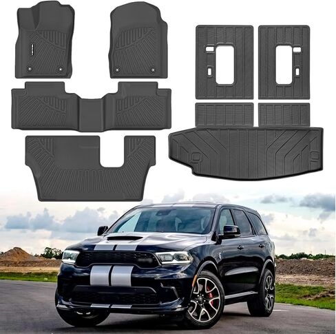 سجادات أرضية وبطانة شحن مع مسند ظهر لـ 2016-2024 Dodge Durango 6 Passenger مع مقاعد دلو ثانية لجميع الأحوال الجوية حماية من المطاط TPE مجموعة كاملة من بطانات الأرضية وإكسسوارات السيارات، أسود in Kuwait